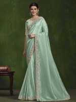 Aqua Green Crush Paper Silk Saree With Stitched Blouse